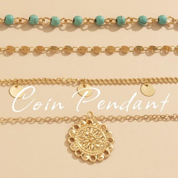 Stylish 4-Piece Gold Layered Necklace Set with Turquoise – Hypoallergenic & Chic - Picture 4 of 7